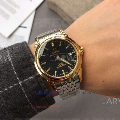 Perfect Replica Omega Deville Black Dial All Gold Smooth Case 40mm Watch